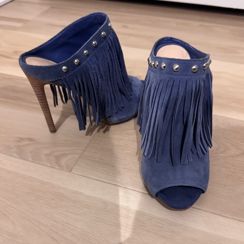 Guess Ara Studded Blue Genuine Suede Fringe Mules High Heels Western Size 5